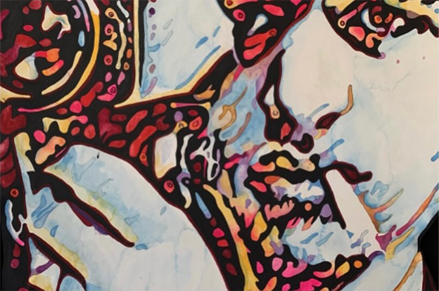Painting of Ringo Starr by Rosemary LeBeau, showing at the Harold Stevens Gallery inside WCUW, March 15th thru April 21st